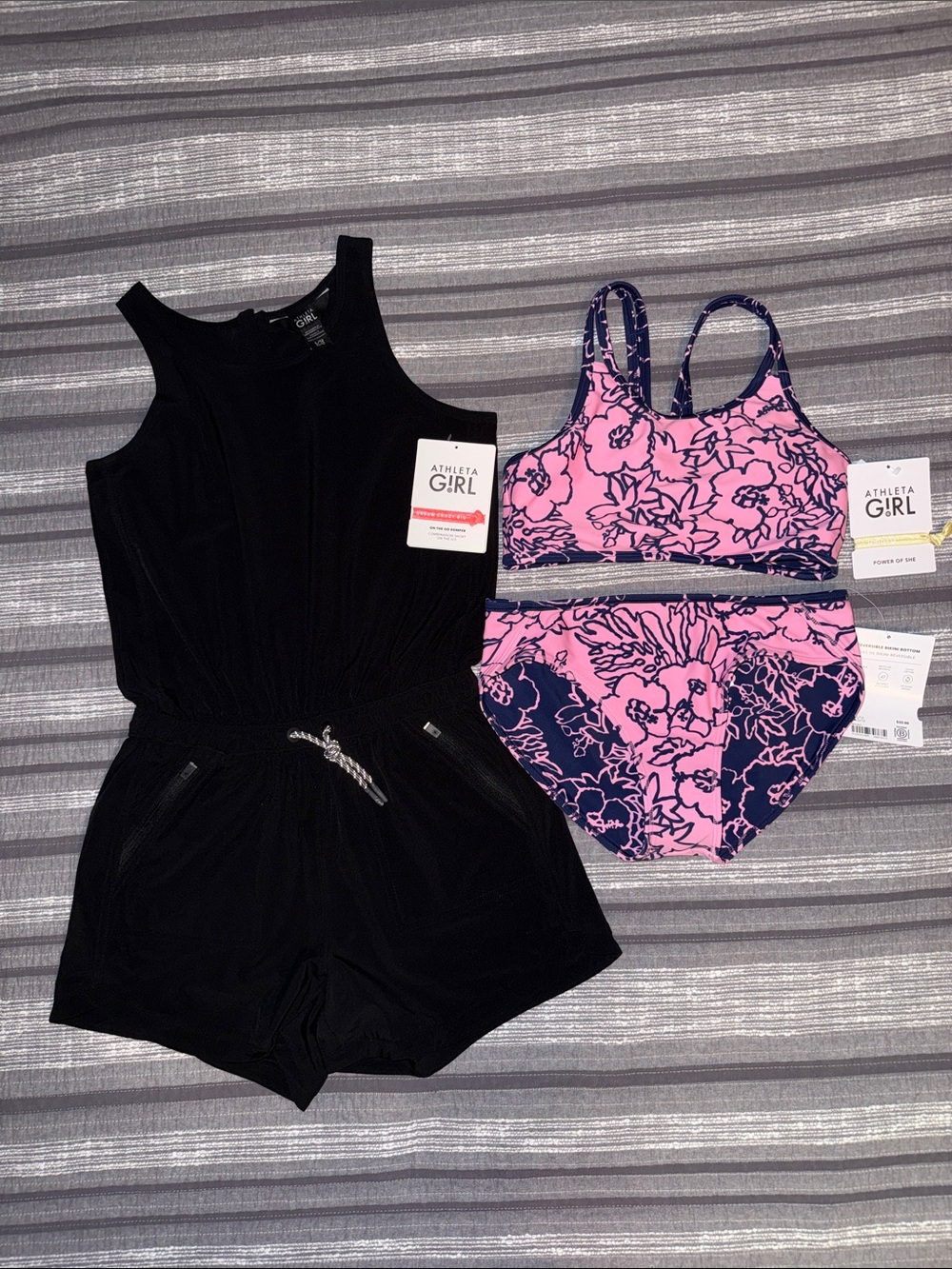 Athleta Girl NWT Pink & Navy Floral Reversible Bikini Set + Black Romper Size 12